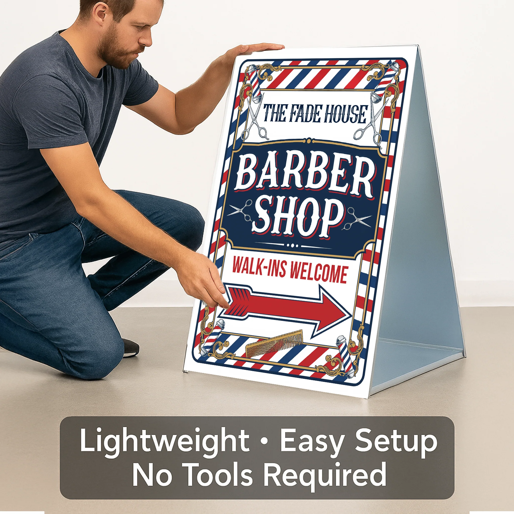 2-Pack Custom Barber Shop A-Frame Signs – Walk-Ins Welcome with Directional Arrows – 2-Sided 24"x38" Red White Blue Plastic Sandwich Board - Image 3