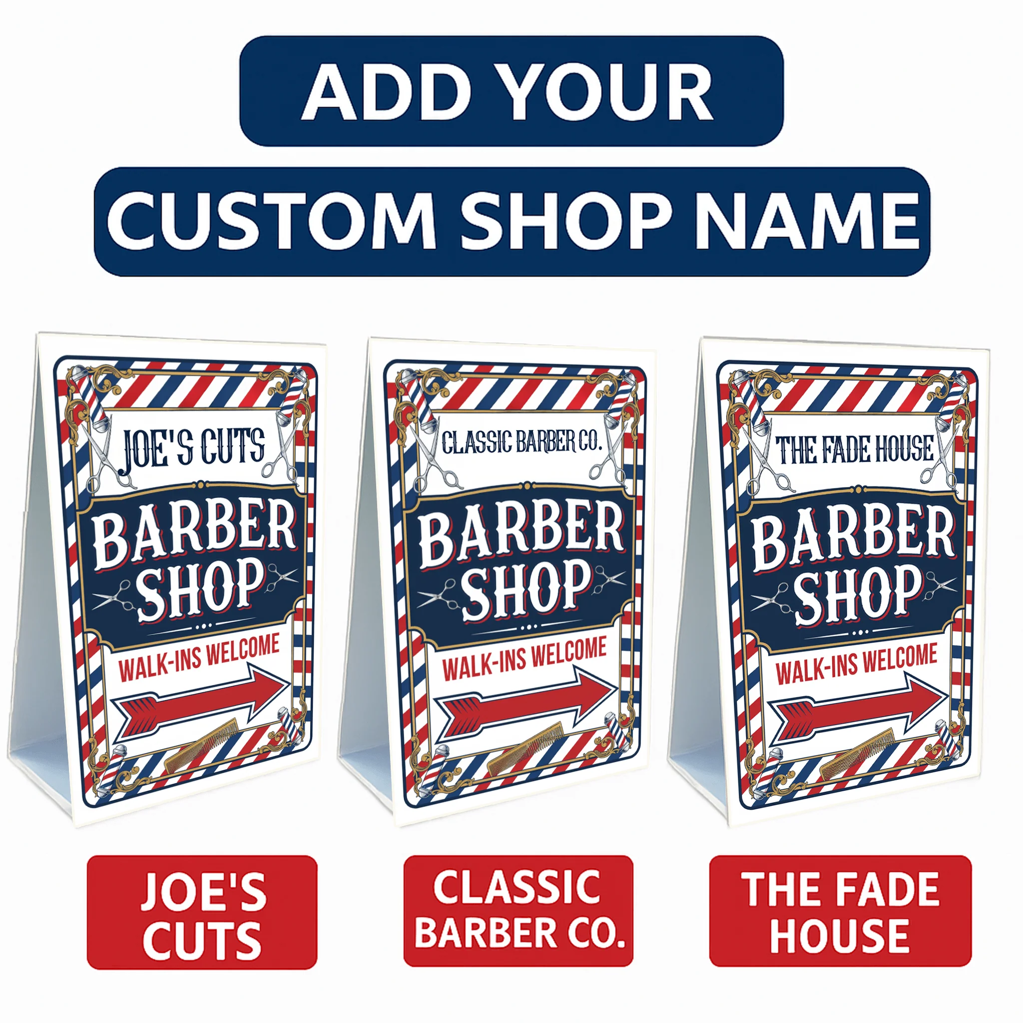 2-Pack Custom Barber Shop A-Frame Signs – Walk-Ins Welcome with Directional Arrows – 2-Sided 24"x38" Red White Blue Plastic Sandwich Board - Image 4
