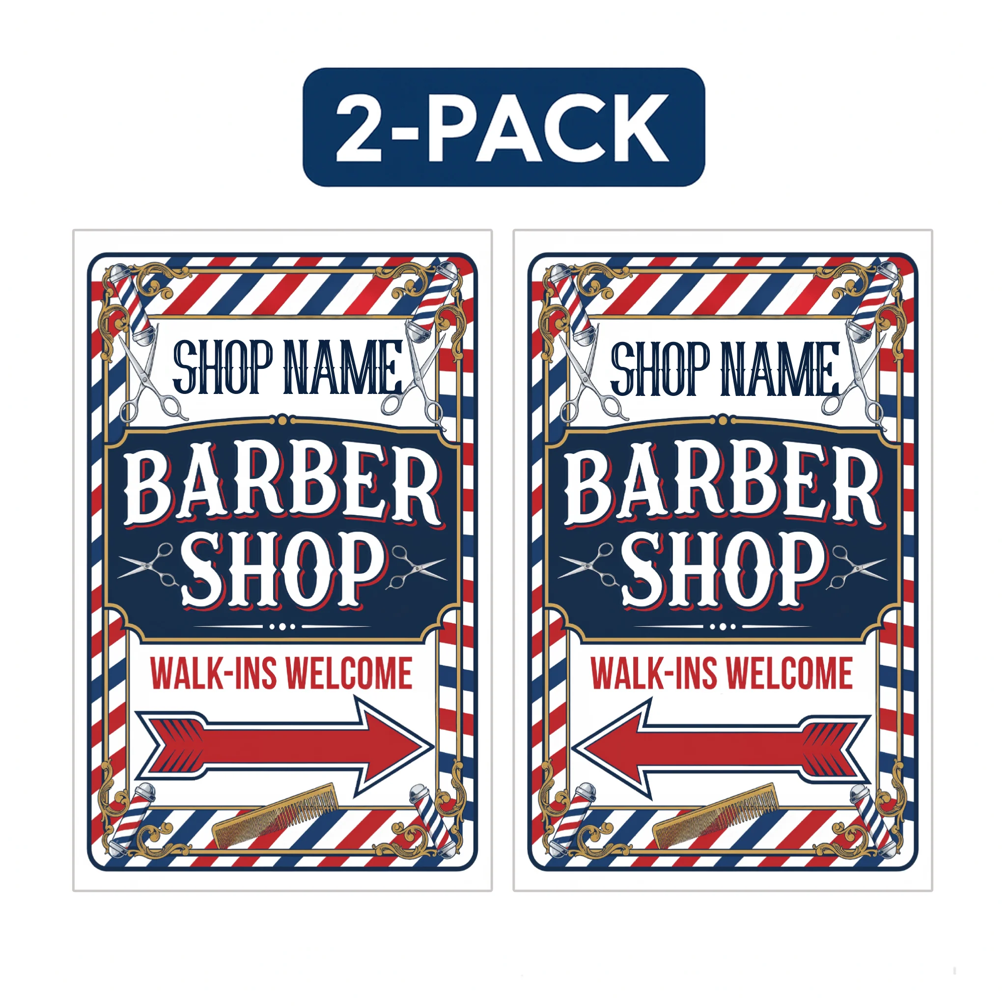 2-Pack Custom Barber Shop A-Frame Signs – Walk-Ins Welcome with Directional Arrows – 2-Sided 24"x38" Red White Blue Plastic Sandwich Board - Image 5