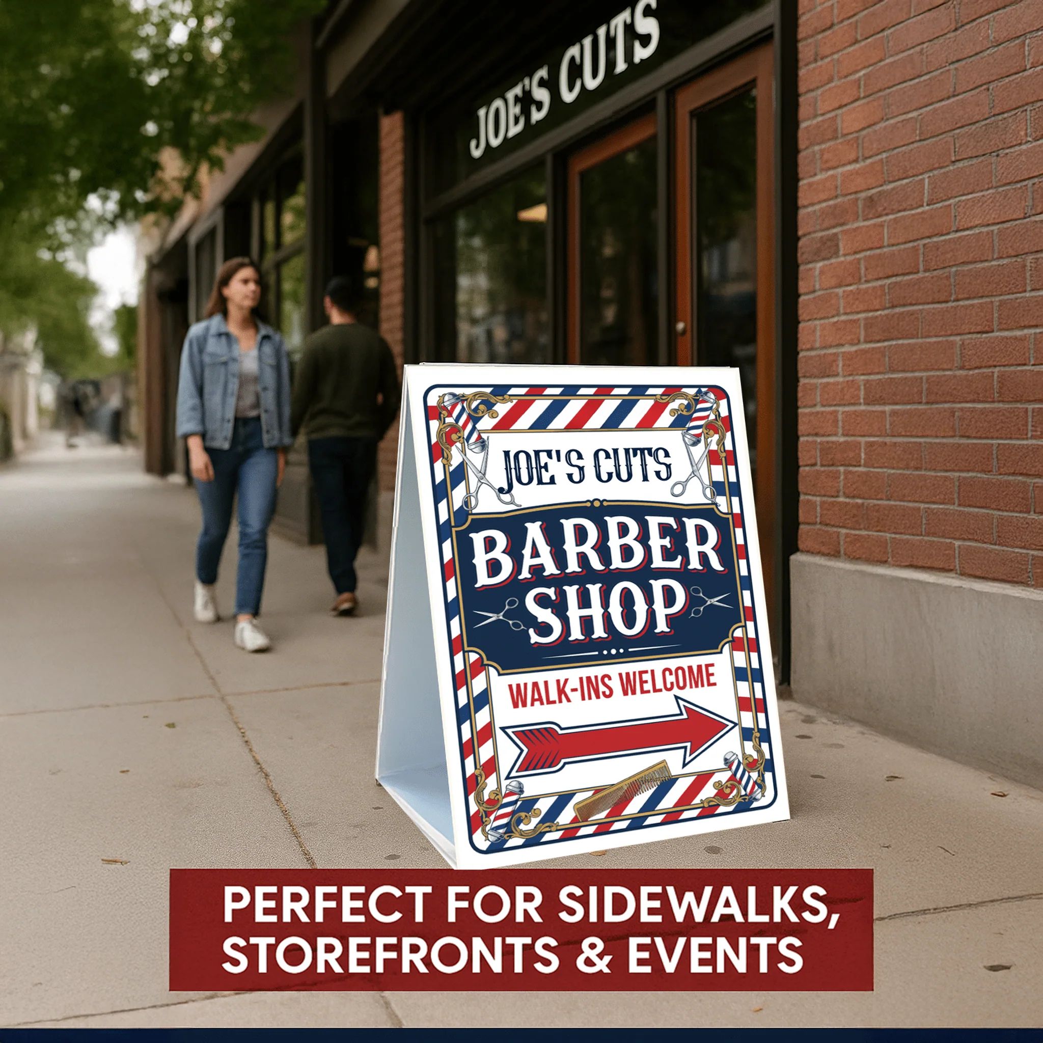 2-Pack Custom Barber Shop A-Frame Signs – Walk-Ins Welcome with Directional Arrows – 2-Sided 24"x38" Red White Blue Plastic Sandwich Board - Image 6