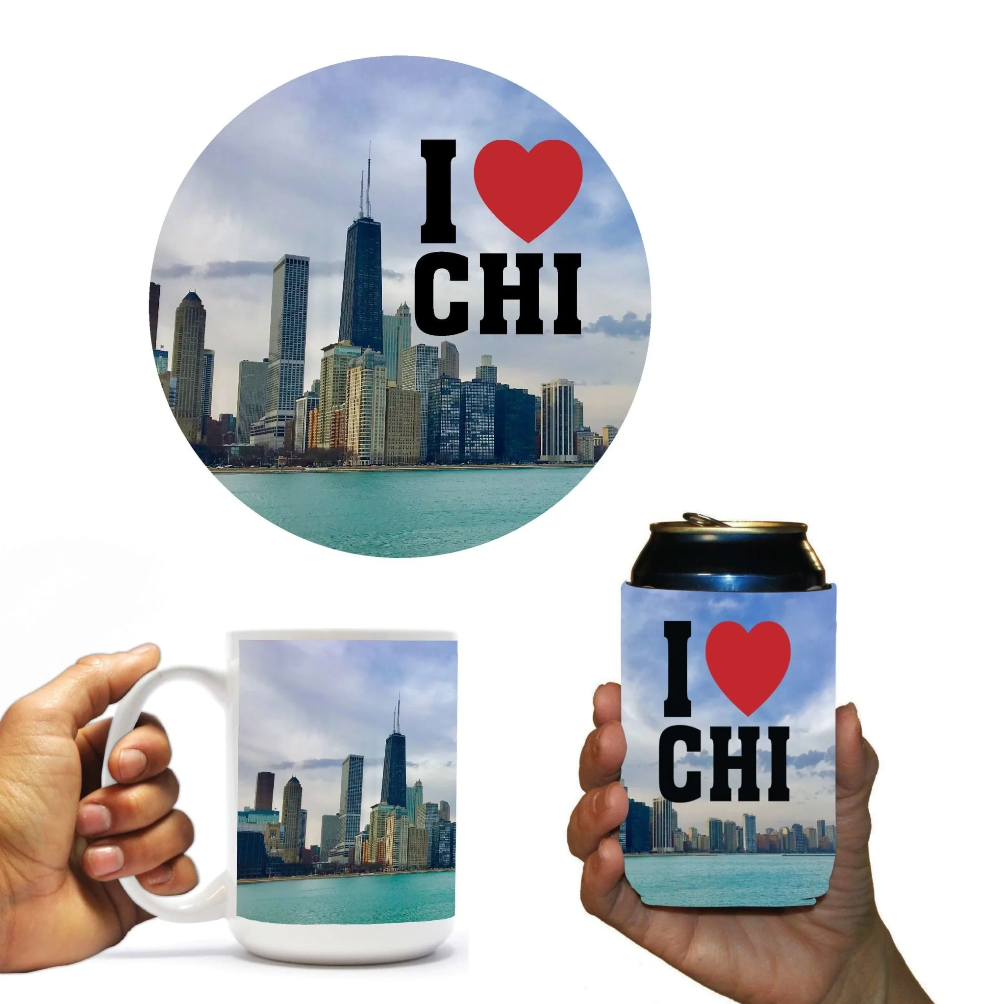 Chicago Skyline Decal, Can Cooler & Mug Gift Pack