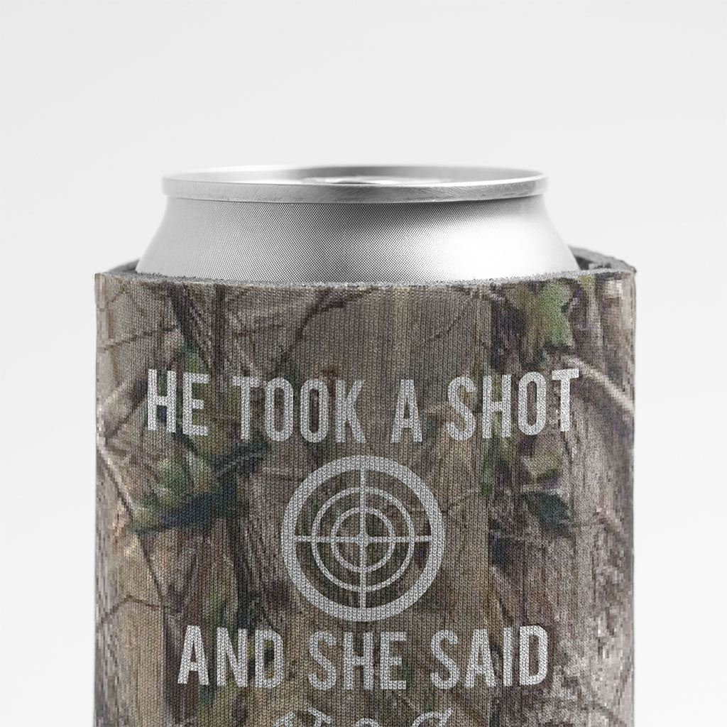 Custom Camo He Took A Shot Wedding Can Cooler - Image 3