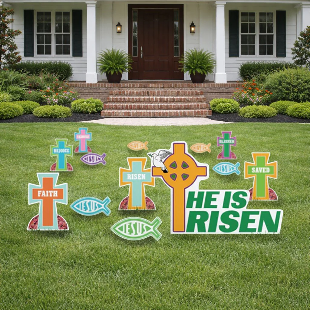 Easter Yard Sign Set – “He Is Risen” Religious Lawn Display (13-Piece Set with Stakes)