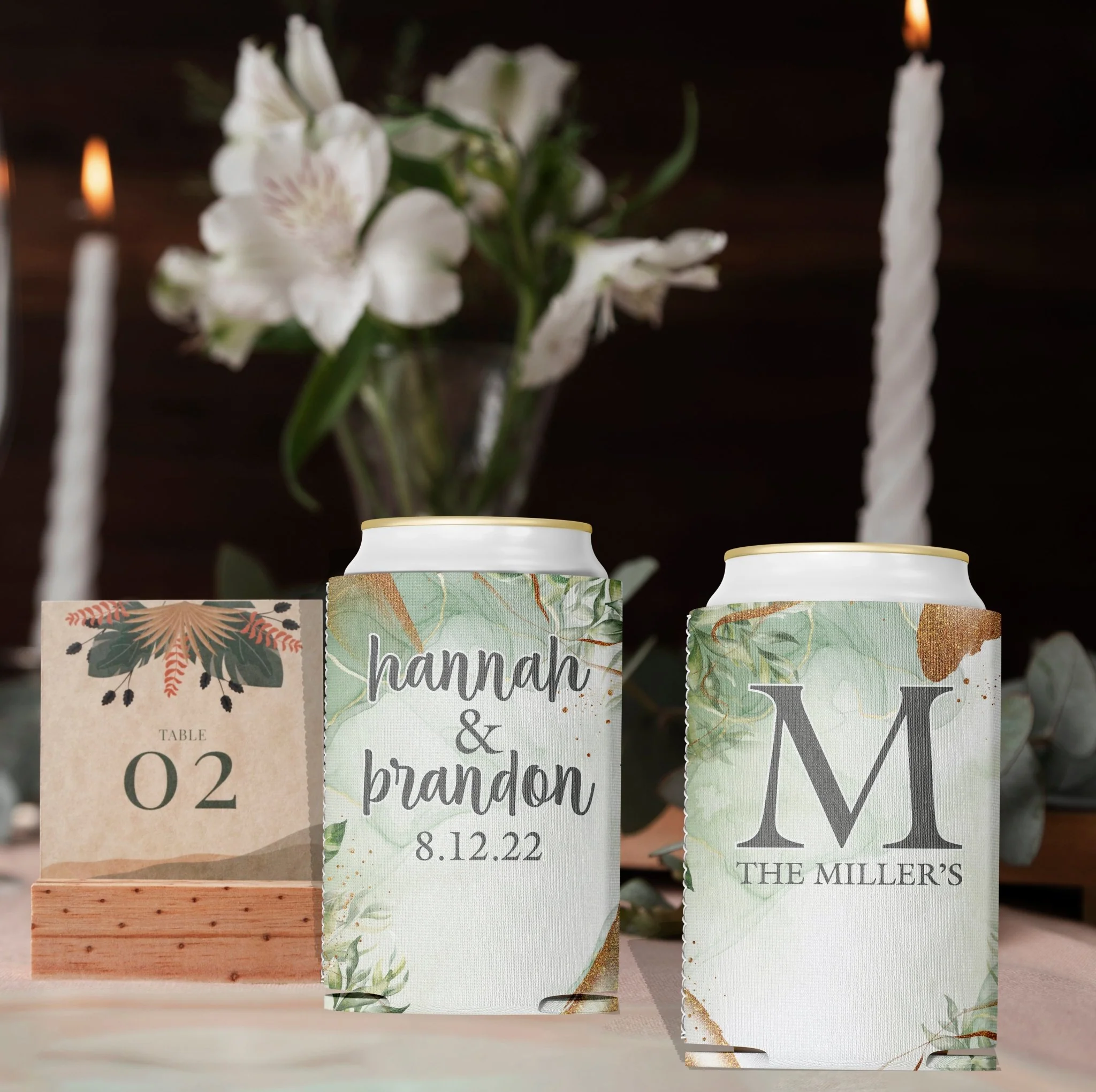 Elegant Green Watercolor Custom Wedding Can Cooler - Image 3