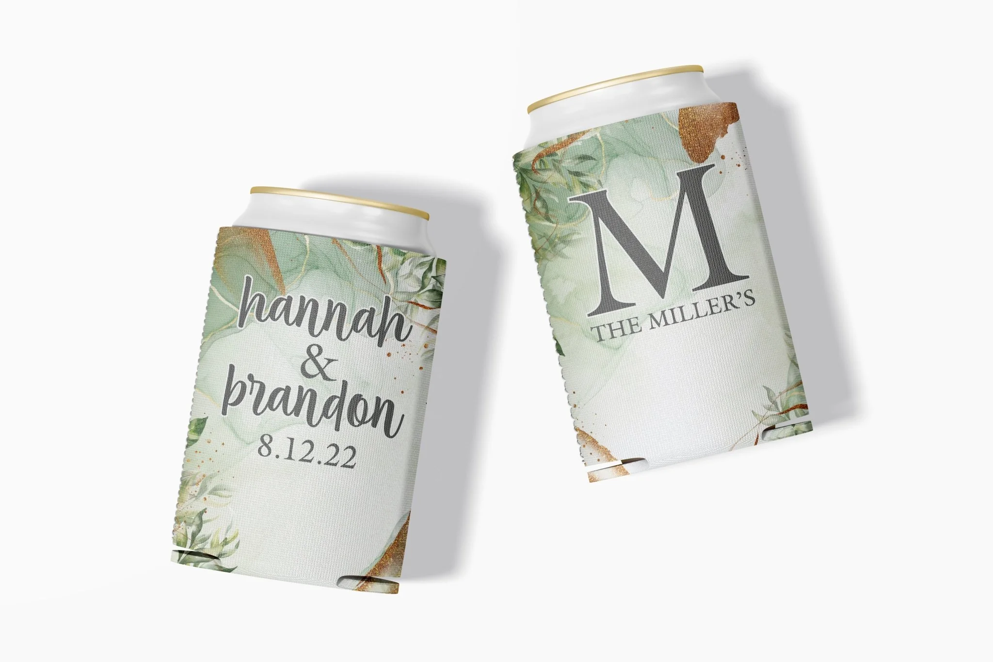 Elegant Green Watercolor Custom Wedding Can Cooler - Image 4