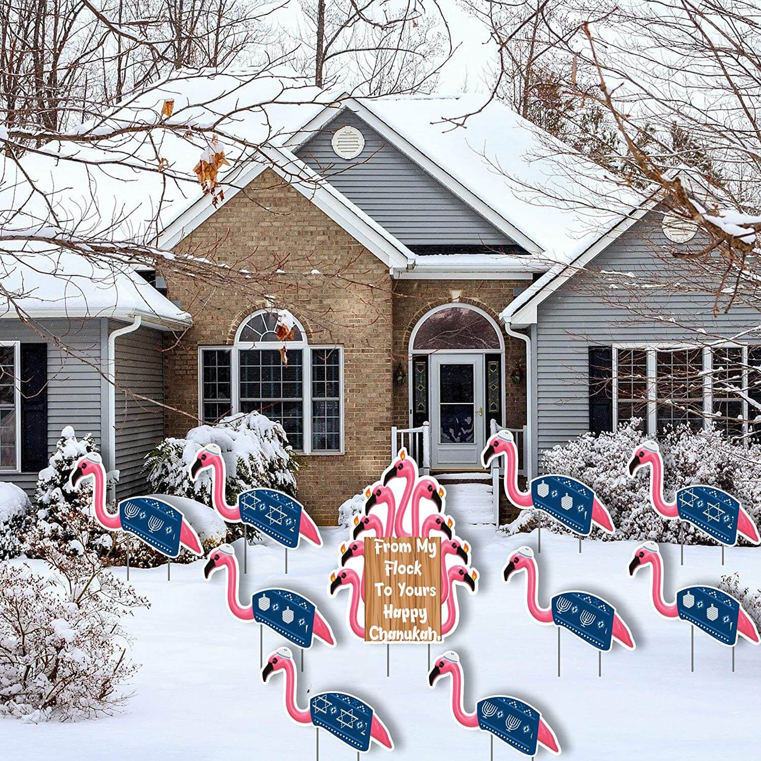 Happy Chanukah Flocking Flamingos 10 pc Yard Card Set
