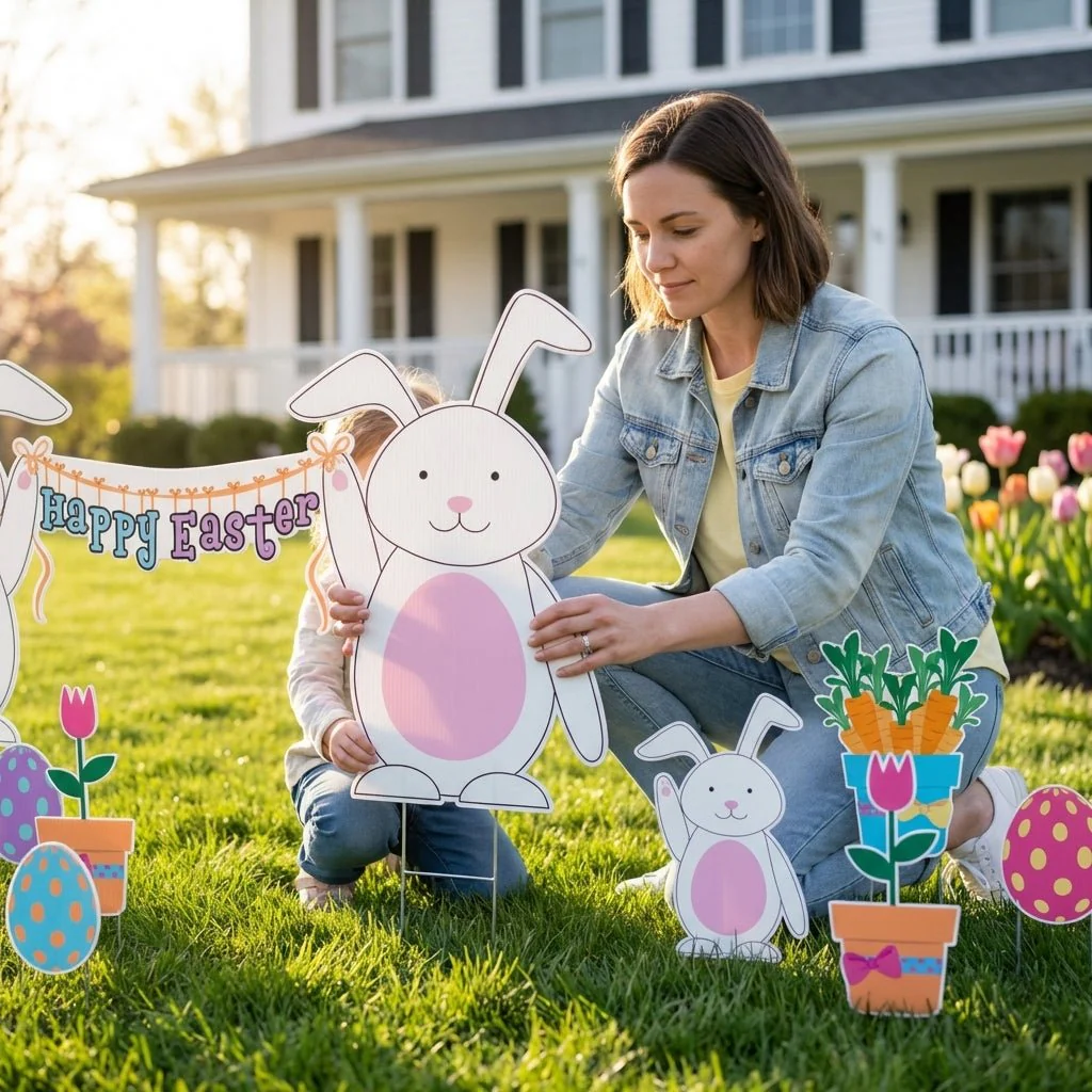 Happy Easter Yard Decorations with Bunnies – Jumbo 12 Pc Outdoor Lawn Sign Set with Eggs & Flowers, Large Easter Bunny Yard Displa - Image 2