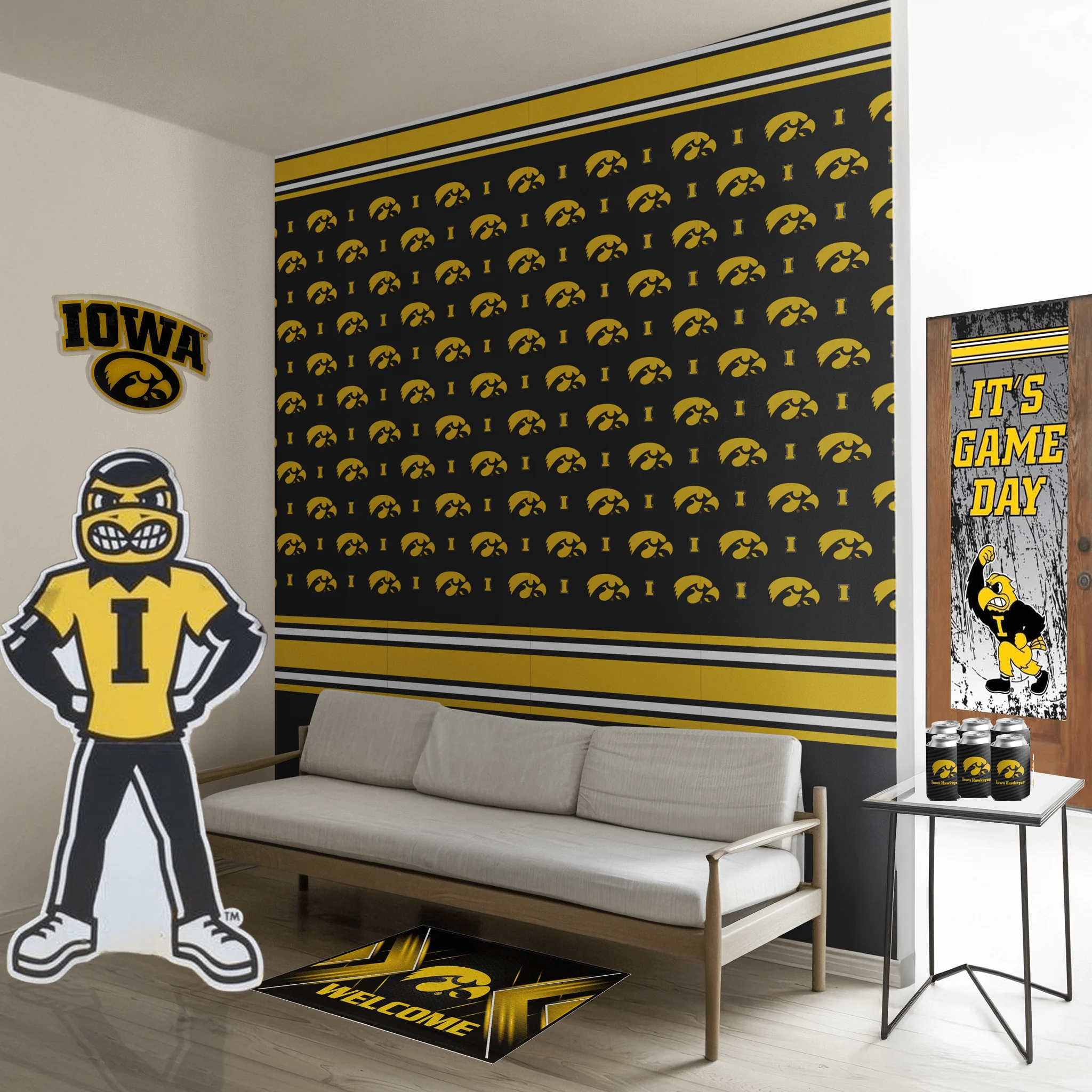 Iowa Hawkeyes Mancave Bundle – Wallpaper Panels, Door Banner, Doormat, Herky Standup, Acrylic Wall Art & 6-Pack Can Coolers