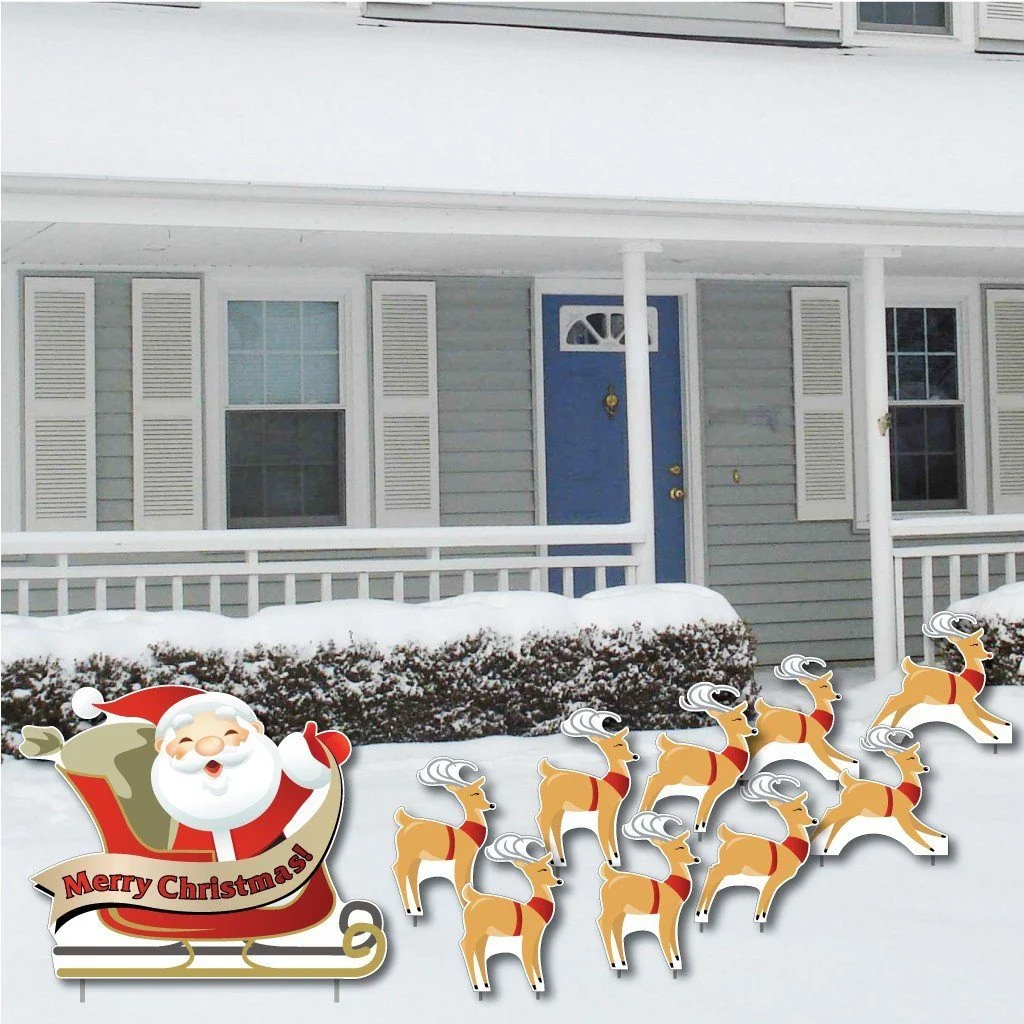 Merry Christmas! Santa and 9 Reindeer Yard Cards 10 pcs total
