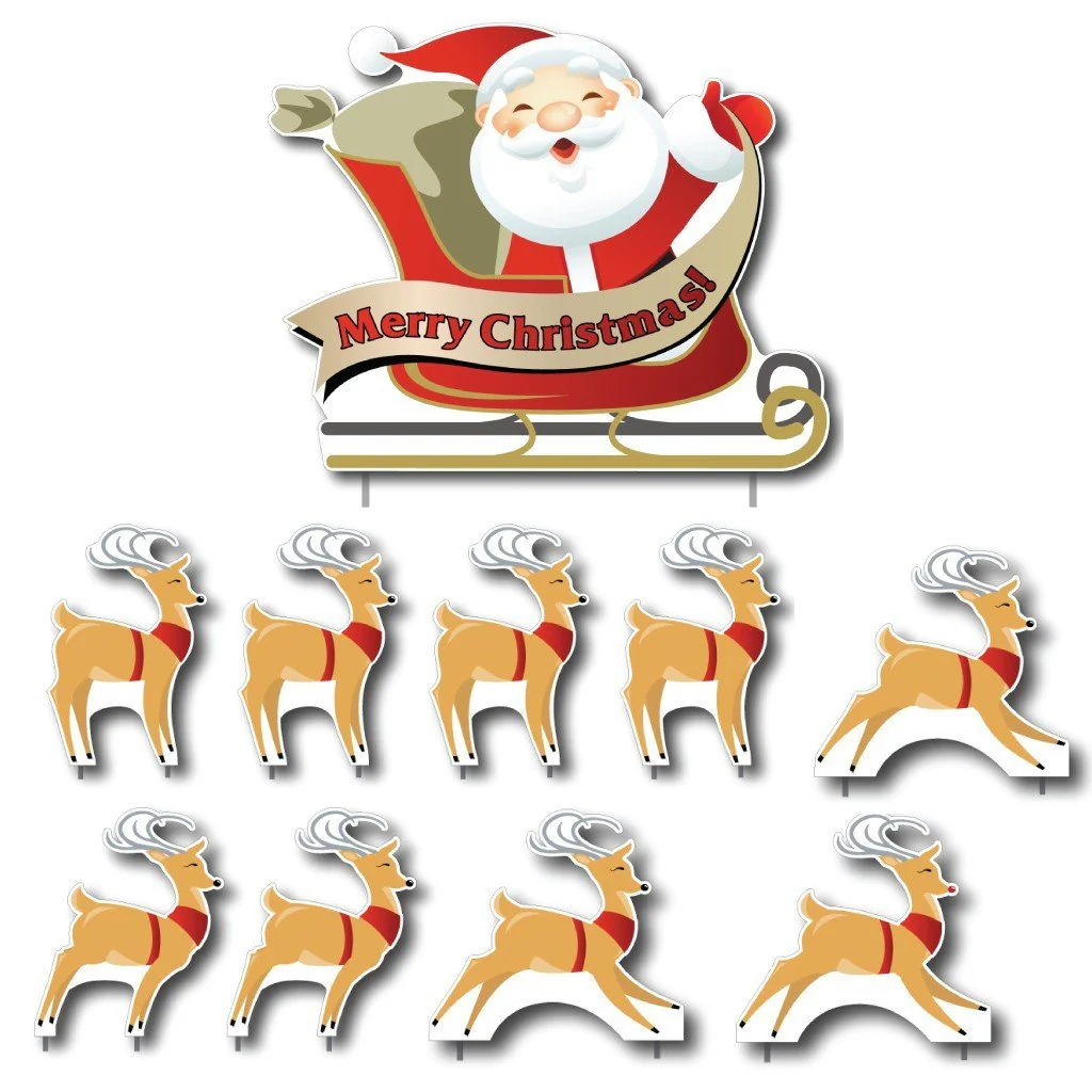 Merry Christmas! Santa and 9 Reindeer Yard Cards 10 pcs total - Image 2