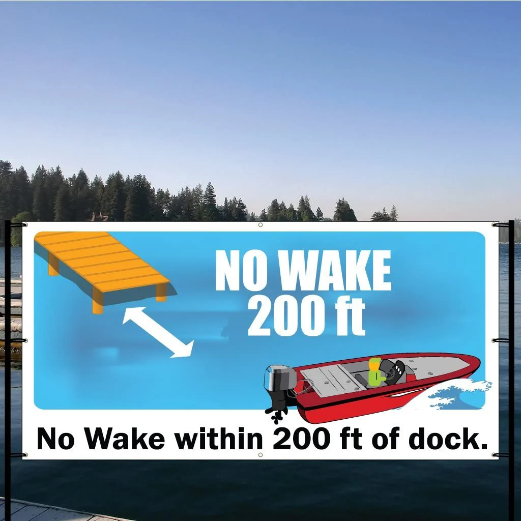 No Wake within Certain Feet of Dock Banner with Wind Resistant Mesh