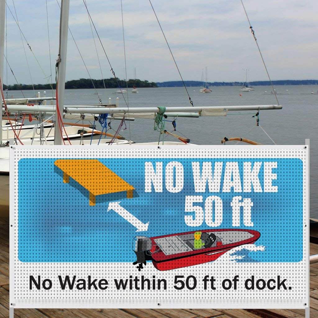 No Wake within Certain Feet of Dock Banner with Wind Resistant Mesh - Image 4